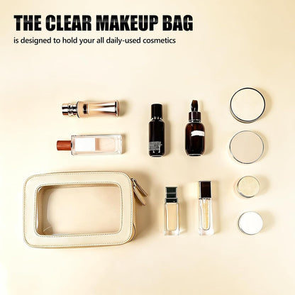 Clear Portable Makeup Bag Organizer TSA Approved Travel Toiletry Bag for Women Multipurpose Cosmetic Bag Case with Zipper with Transparent Vinyl Windows & Handle Strap