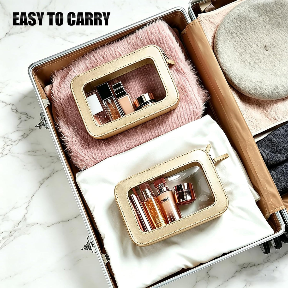 Clear Portable Makeup Bag Organizer TSA Approved Travel Toiletry Bag for Women Multipurpose Cosmetic Bag Case with Zipper with Transparent Vinyl Windows & Handle Strap