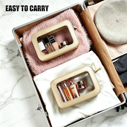 Clear Portable Makeup Bag Organizer TSA Approved Travel Toiletry Bag for Women Multipurpose Cosmetic Bag Case with Zipper with Transparent Vinyl Windows & Handle Strap
