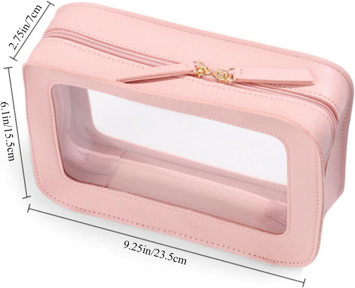 Clear Portable Makeup Bag Organizer TSA Approved Travel Toiletry Bag for Women Multipurpose Cosmetic Bag Case with Zipper with Transparent Vinyl Windows & Handle Strap