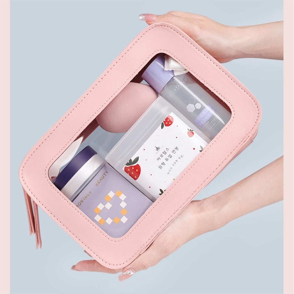 Clear Portable Makeup Bag Organizer TSA Approved Travel Toiletry Bag for Women Multipurpose Cosmetic Bag Case with Zipper with Transparent Vinyl Windows & Handle Strap