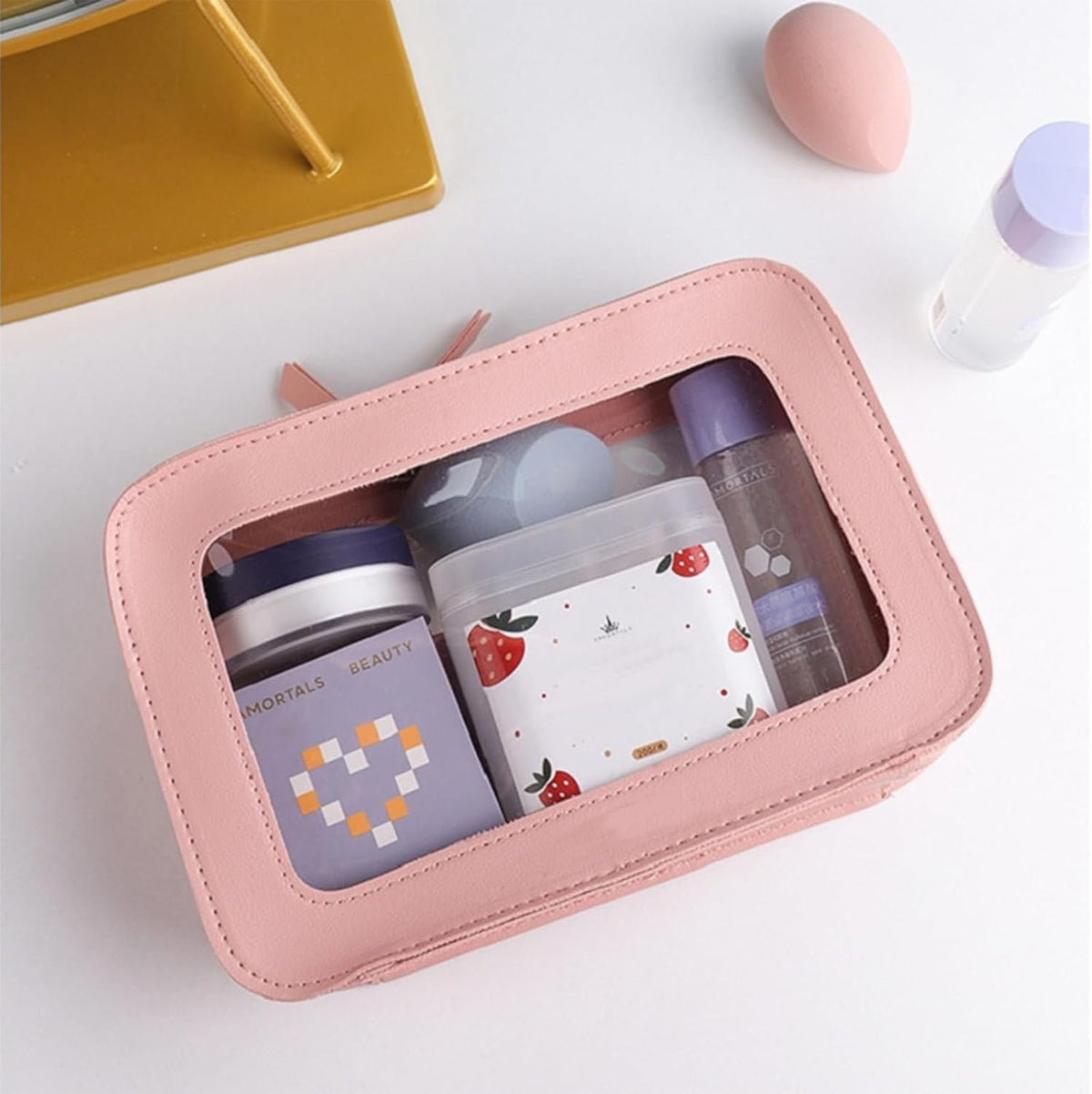 Clear Portable Makeup Bag Organizer TSA Approved Travel Toiletry Bag for Women Multipurpose Cosmetic Bag Case with Zipper with Transparent Vinyl Windows & Handle Strap