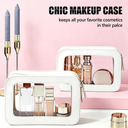 Clear Portable Makeup Bag Organizer TSA Approved Travel Toiletry Bag for Women Multipurpose Cosmetic Bag Case with Zipper with Transparent Vinyl Windows & Handle Strap