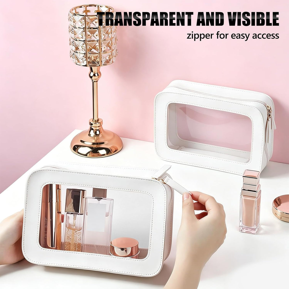 Clear Portable Makeup Bag Organizer TSA Approved Travel Toiletry Bag for Women Multipurpose Cosmetic Bag Case with Zipper with Transparent Vinyl Windows & Handle Strap