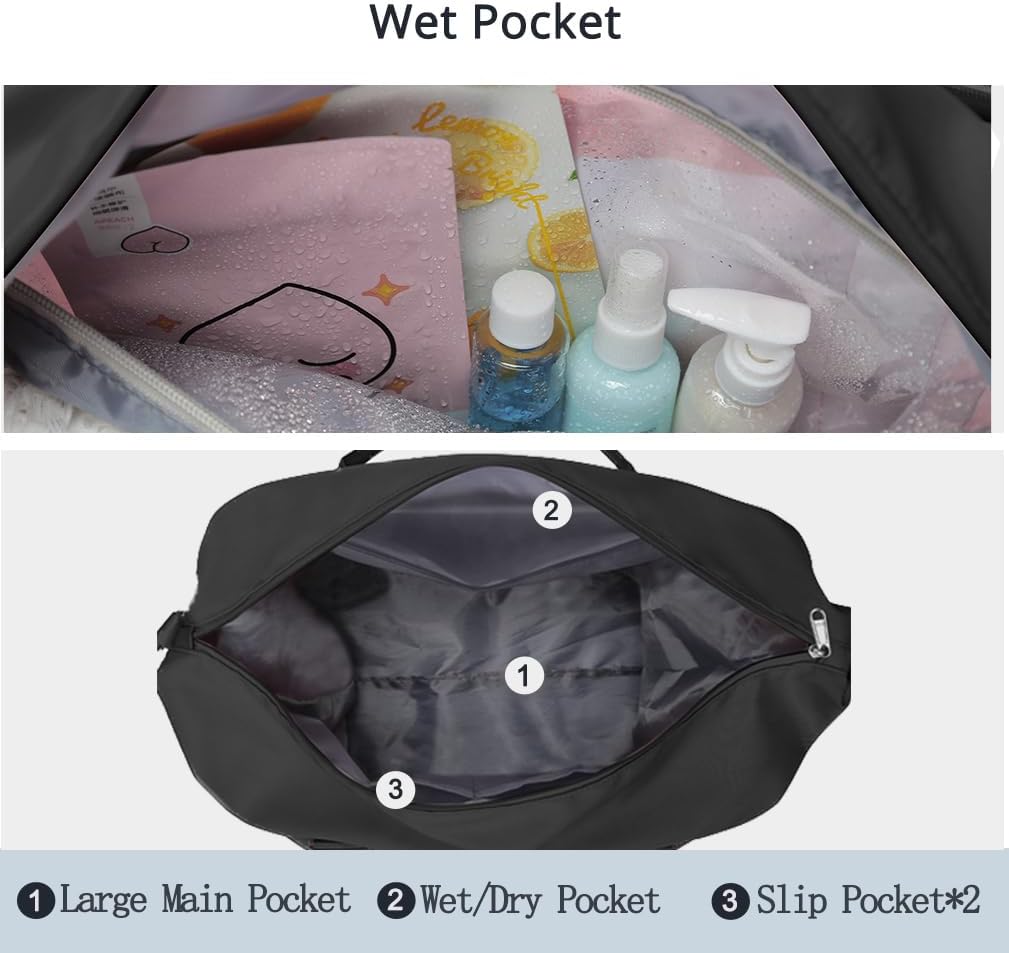 Travel Gym Bag for Women, Tote Bag Carry on Luggage Sport Duffle Weekender Overnight Bags with Wet Pocket (Black)