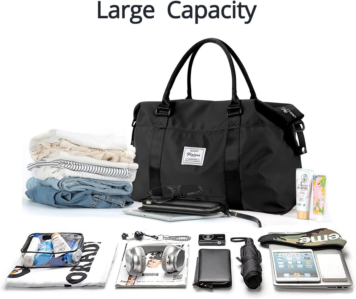 Travel Gym Bag for Women, Tote Bag Carry on Luggage Sport Duffle Weekender Overnight Bags with Wet Pocket (Black)
