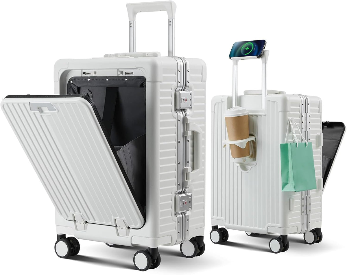 Carry on Luggage Aluminium Frame with Cup Holder,Top opening Suitcases and USB Charging Port,Lightweight with Front Pocket Rolling Suitcases with Spinner Wheels (White, 20Inch)