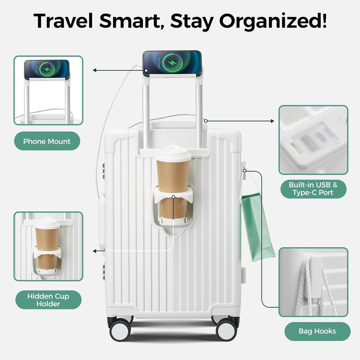 Carry on Luggage Aluminium Frame with Cup Holder,Top opening Suitcases and USB Charging Port,Lightweight with Front Pocket Rolling Suitcases with Spinner Wheels (White, 20Inch)
