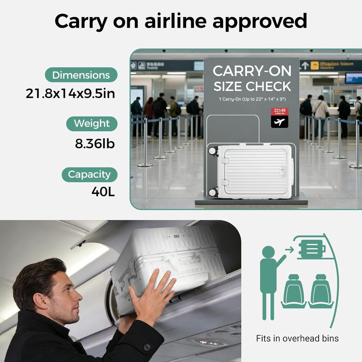 Carry on Luggage Aluminium Frame with Cup Holder,Top opening Suitcases and USB Charging Port,Lightweight with Front Pocket Rolling Suitcases with Spinner Wheels (White, 20Inch)
