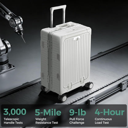 Carry on Luggage Aluminium Frame with Cup Holder,Top opening Suitcases and USB Charging Port,Lightweight with Front Pocket Rolling Suitcases with Spinner Wheels (White, 20Inch)