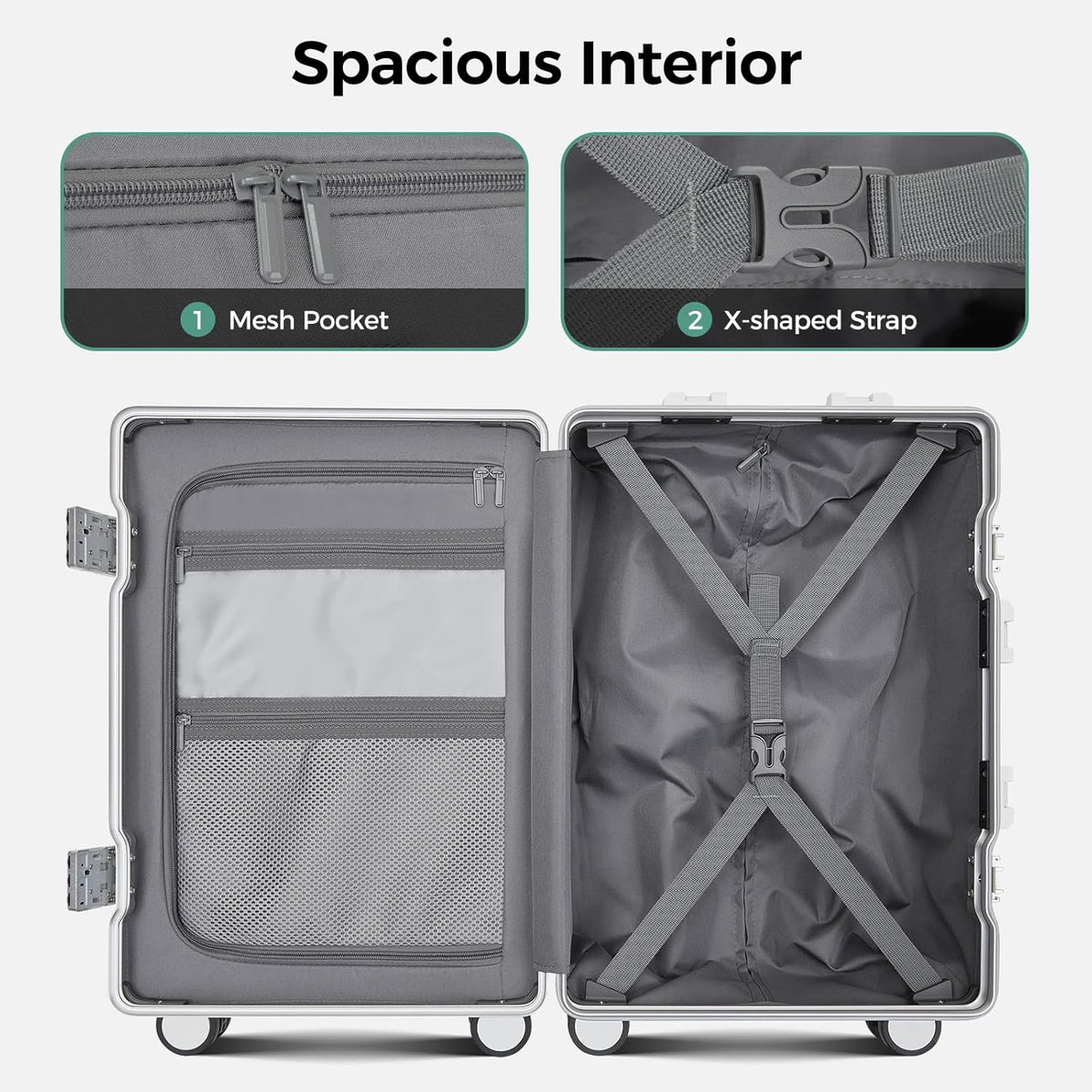 Carry on Luggage Aluminium Frame with Cup Holder,Top opening Suitcases and USB Charging Port,Lightweight with Front Pocket Rolling Suitcases with Spinner Wheels (White, 20Inch)