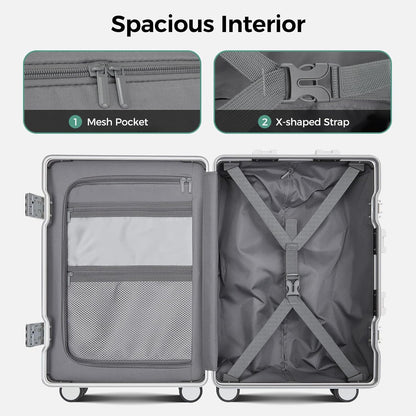 Carry on Luggage Aluminium Frame with Cup Holder,Top opening Suitcases and USB Charging Port,Lightweight with Front Pocket Rolling Suitcases with Spinner Wheels (White, 20Inch)