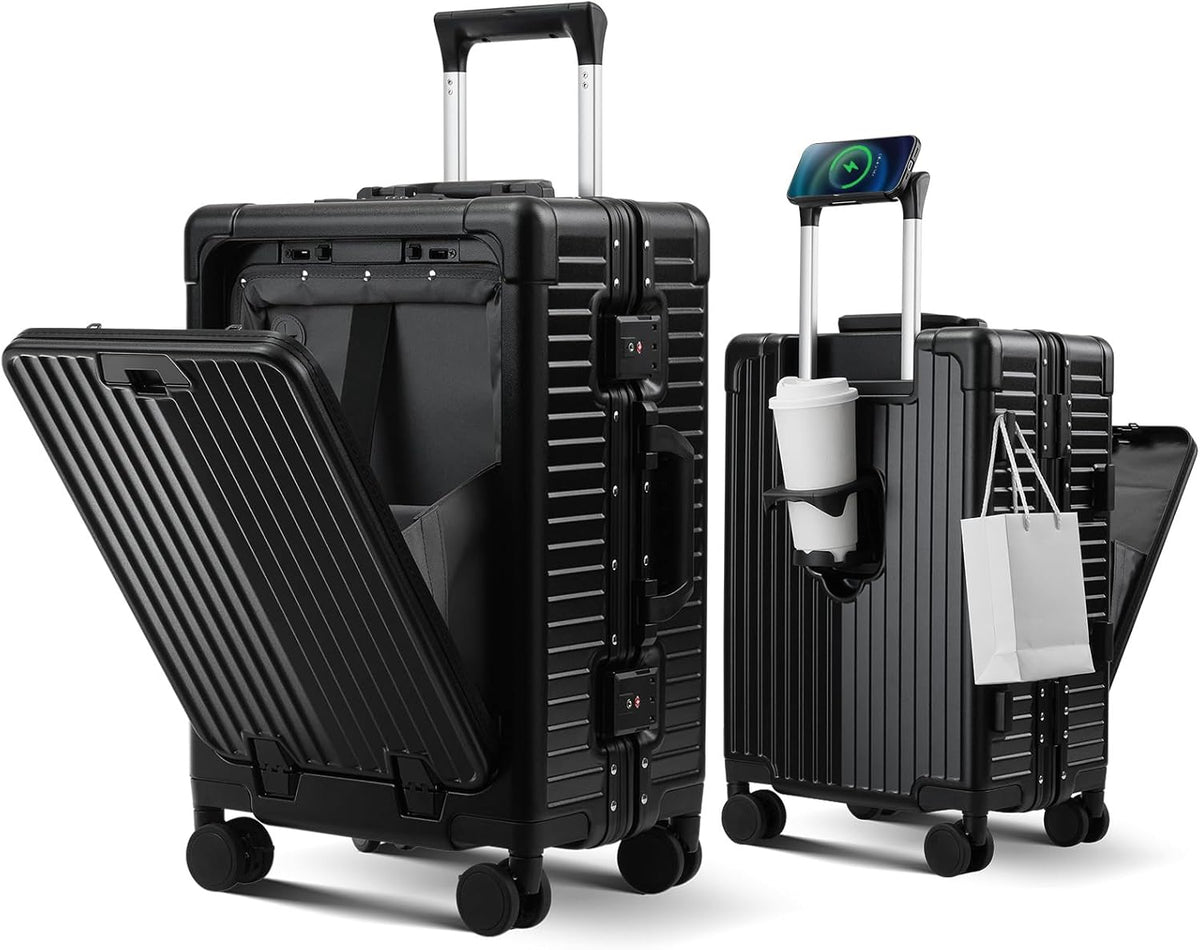 Carry on Luggage Aluminium Frame with Cup Holder,Top opening Suitcases and USB Charging Port,Lightweight with Front Pocket Rolling Suitcases with Spinner Wheels (White, 20Inch)