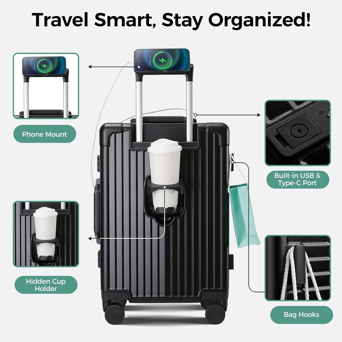 Carry on Luggage Aluminium Frame with Cup Holder,Top opening Suitcases and USB Charging Port,Lightweight with Front Pocket Rolling Suitcases with Spinner Wheels (White, 20Inch)