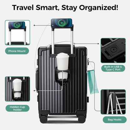 Carry on Luggage Aluminium Frame with Cup Holder,Top opening Suitcases and USB Charging Port,Lightweight with Front Pocket Rolling Suitcases with Spinner Wheels (White, 20Inch)