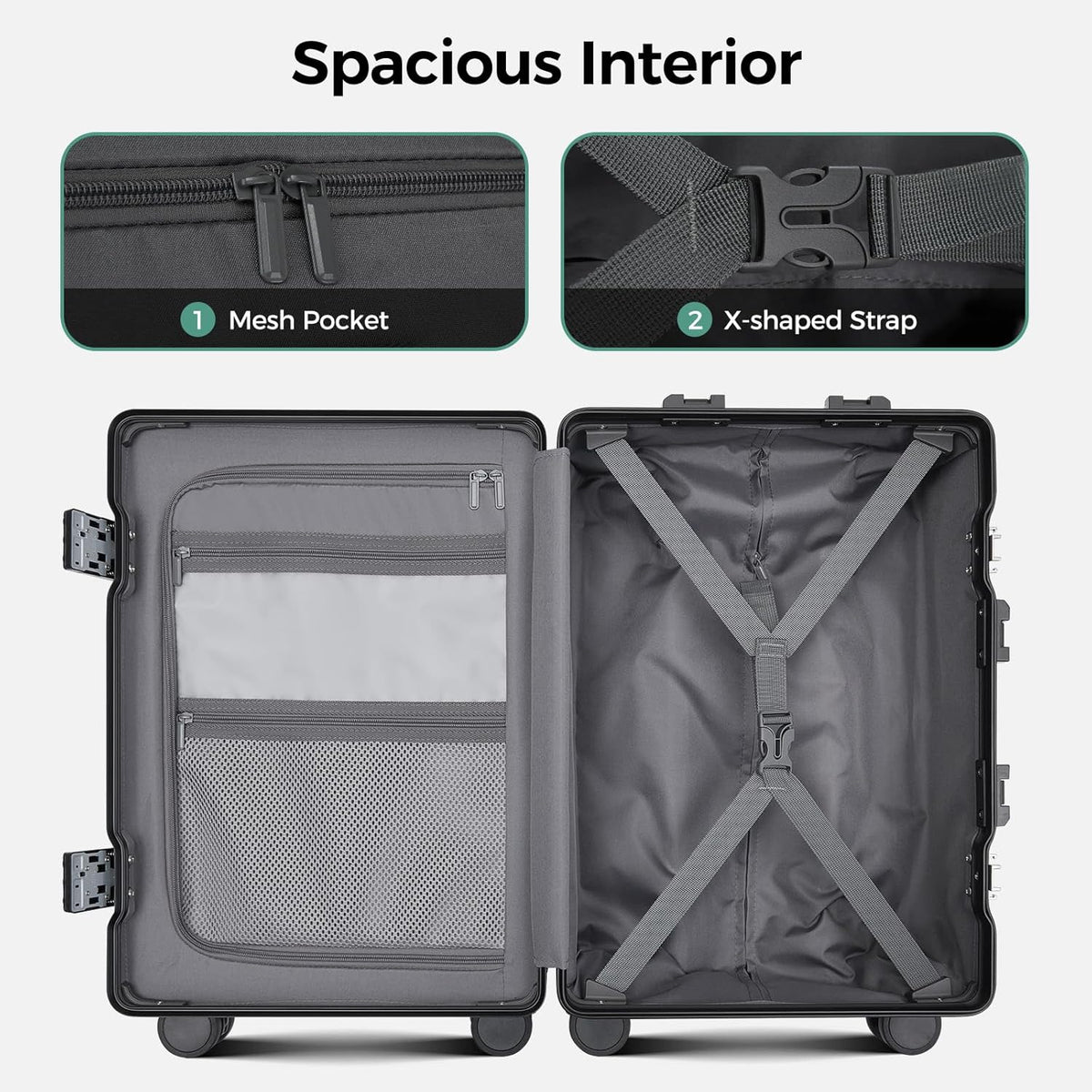Carry on Luggage Aluminium Frame with Cup Holder,Top opening Suitcases and USB Charging Port,Lightweight with Front Pocket Rolling Suitcases with Spinner Wheels (White, 20Inch)