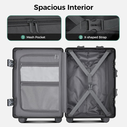 Carry on Luggage Aluminium Frame with Cup Holder,Top opening Suitcases and USB Charging Port,Lightweight with Front Pocket Rolling Suitcases with Spinner Wheels (White, 20Inch)