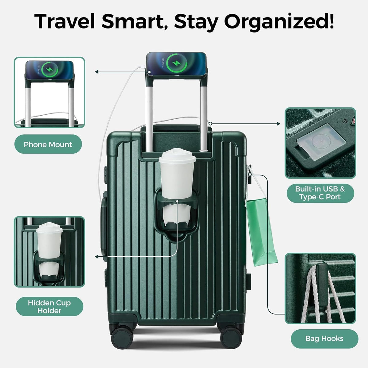 Carry on Luggage Aluminium Frame with Cup Holder,Top opening Suitcases and USB Charging Port,Lightweight with Front Pocket Rolling Suitcases with Spinner Wheels (White, 20Inch)