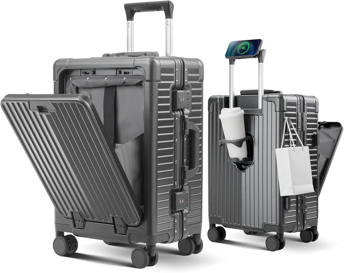 Carry on Luggage Aluminium Frame with Cup Holder,Top opening Suitcases and USB Charging Port,Lightweight with Front Pocket Rolling Suitcases with Spinner Wheels (White, 20Inch)