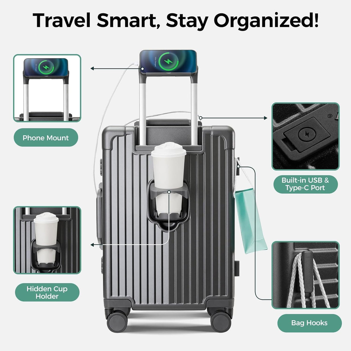 Carry on Luggage Aluminium Frame with Cup Holder,Top opening Suitcases and USB Charging Port,Lightweight with Front Pocket Rolling Suitcases with Spinner Wheels (White, 20Inch)