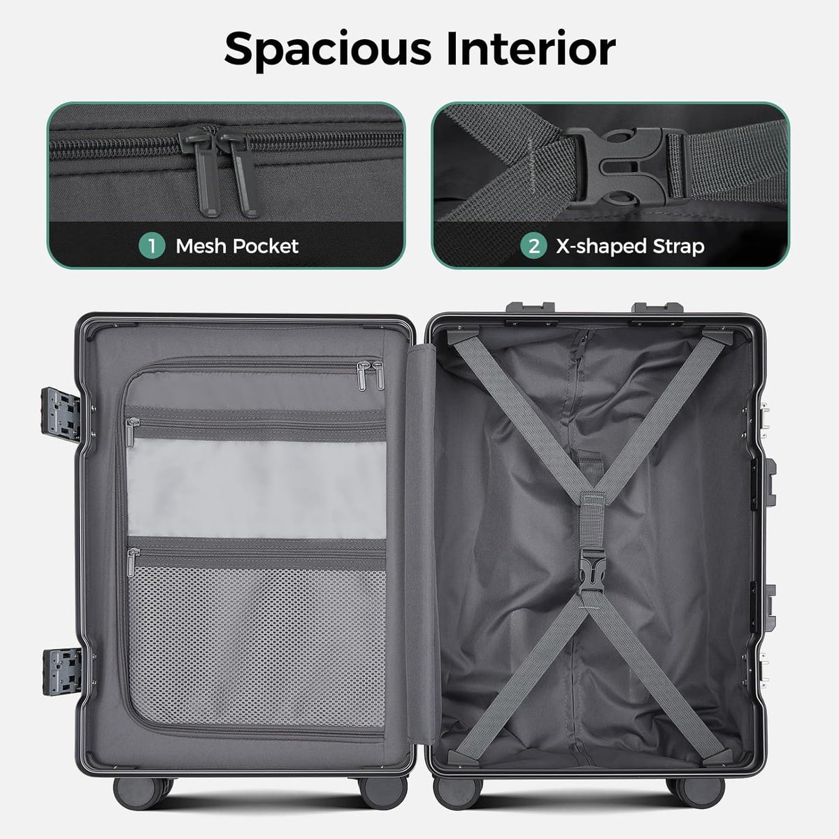 Carry on Luggage Aluminium Frame with Cup Holder,Top opening Suitcases and USB Charging Port,Lightweight with Front Pocket Rolling Suitcases with Spinner Wheels (White, 20Inch)