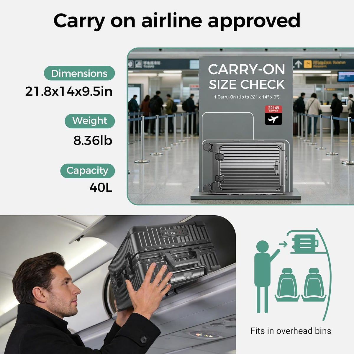 Carry on Luggage Aluminium Frame with Cup Holder,Top opening Suitcases and USB Charging Port,Lightweight with Front Pocket Rolling Suitcases with Spinner Wheels (White, 20Inch)