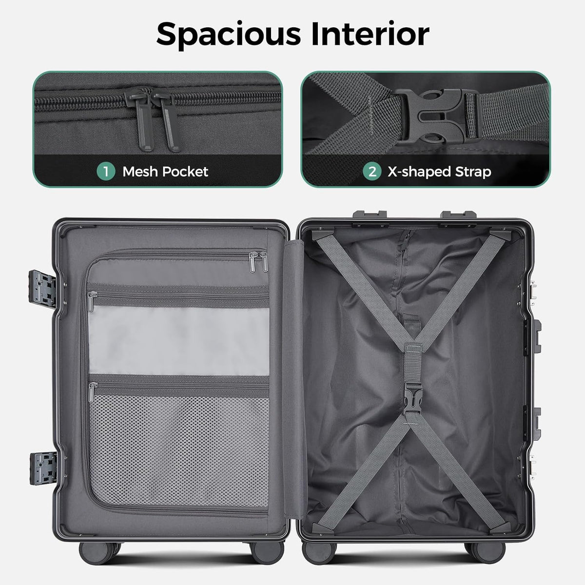 Carry on Luggage Aluminium Frame with Cup Holder,Top opening Suitcases and USB Charging Port,Lightweight with Front Pocket Rolling Suitcases with Spinner Wheels (White, 20Inch)