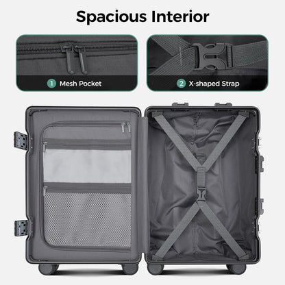 Carry on Luggage Aluminium Frame with Cup Holder,Top opening Suitcases and USB Charging Port,Lightweight with Front Pocket Rolling Suitcases with Spinner Wheels (White, 20Inch)