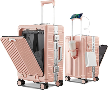 Carry on Luggage Aluminium Frame with Cup Holder,Top opening Suitcases and USB Charging Port,Lightweight with Front Pocket Rolling Suitcases with Spinner Wheels (White, 20Inch)