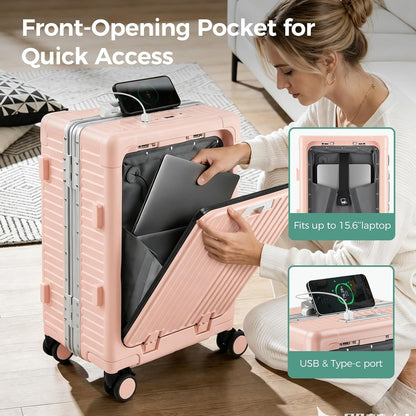 Carry on Luggage Aluminium Frame with Cup Holder,Top opening Suitcases and USB Charging Port,Lightweight with Front Pocket Rolling Suitcases with Spinner Wheels (White, 20Inch)