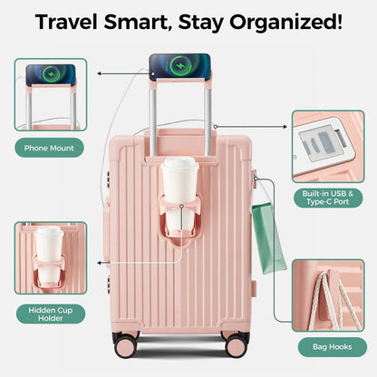 Carry on Luggage Aluminium Frame with Cup Holder,Top opening Suitcases and USB Charging Port,Lightweight with Front Pocket Rolling Suitcases with Spinner Wheels (White, 20Inch)