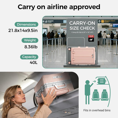 Carry on Luggage Aluminium Frame with Cup Holder,Top opening Suitcases and USB Charging Port,Lightweight with Front Pocket Rolling Suitcases with Spinner Wheels (White, 20Inch)