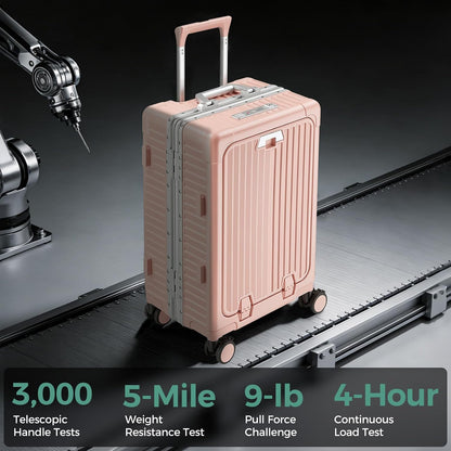 Carry on Luggage Aluminium Frame with Cup Holder,Top opening Suitcases and USB Charging Port,Lightweight with Front Pocket Rolling Suitcases with Spinner Wheels (White, 20Inch)
