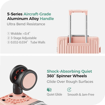 Carry on Luggage Aluminium Frame with Cup Holder,Top opening Suitcases and USB Charging Port,Lightweight with Front Pocket Rolling Suitcases with Spinner Wheels (White, 20Inch)