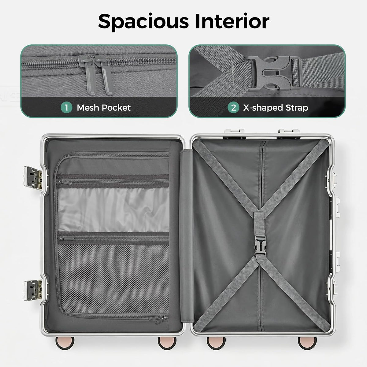 Carry on Luggage Aluminium Frame with Cup Holder,Top opening Suitcases and USB Charging Port,Lightweight with Front Pocket Rolling Suitcases with Spinner Wheels (White, 20Inch)