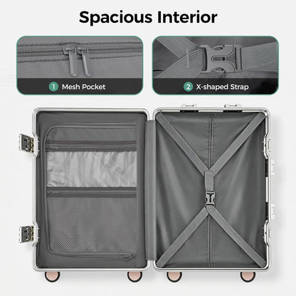Carry on Luggage Aluminium Frame with Cup Holder,Top opening Suitcases and USB Charging Port,Lightweight with Front Pocket Rolling Suitcases with Spinner Wheels (White, 20Inch)