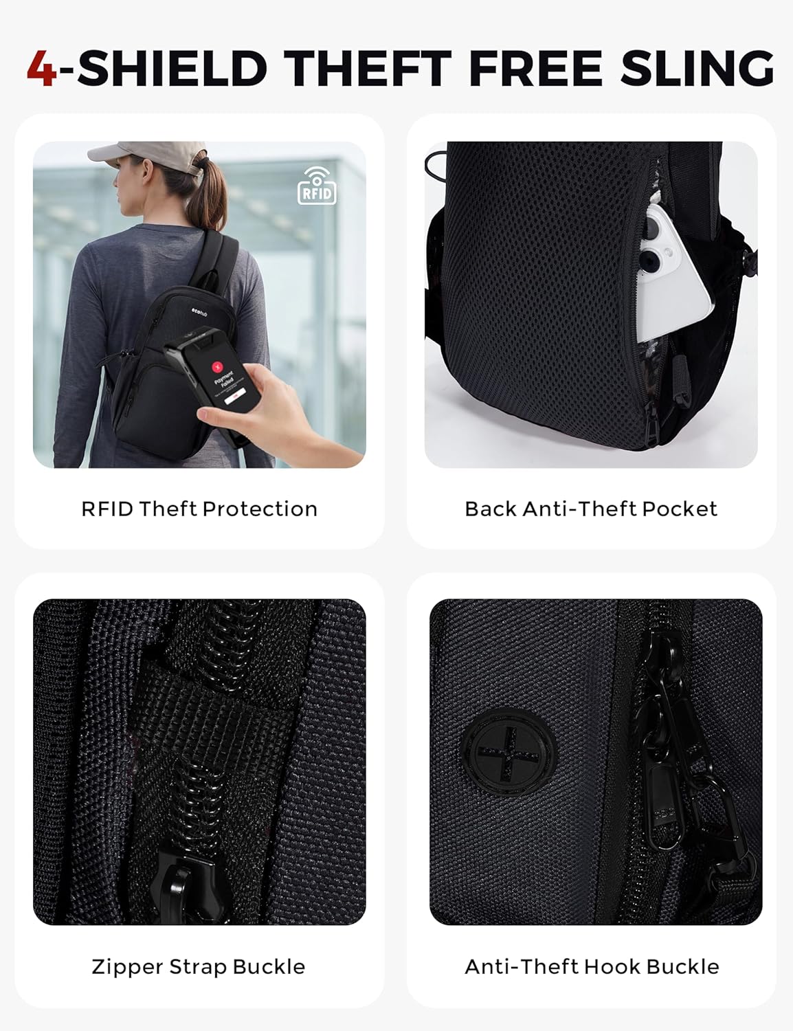 Crossbody Bags for Women Men, Anti-Theft RFID Blocking Sling Backpack Water Resistant Chest Shoulder Daypack, Black