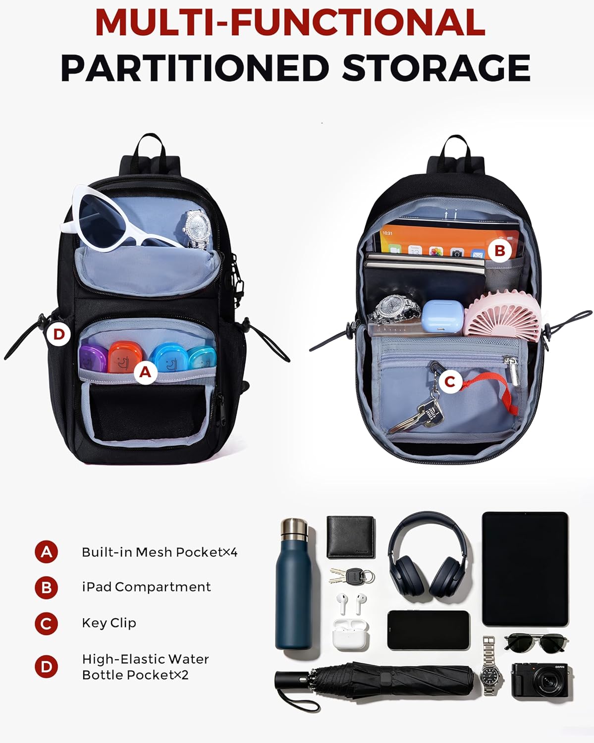 Crossbody Bags for Women Men, Anti-Theft RFID Blocking Sling Backpack Water Resistant Chest Shoulder Daypack, Black