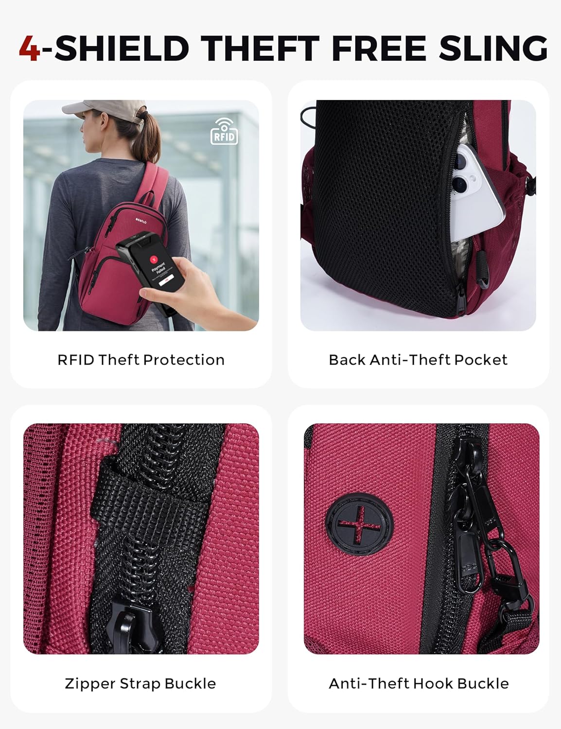 Crossbody Bags for Women Men, Anti-Theft RFID Blocking Sling Backpack Water Resistant Chest Shoulder Daypack, Black