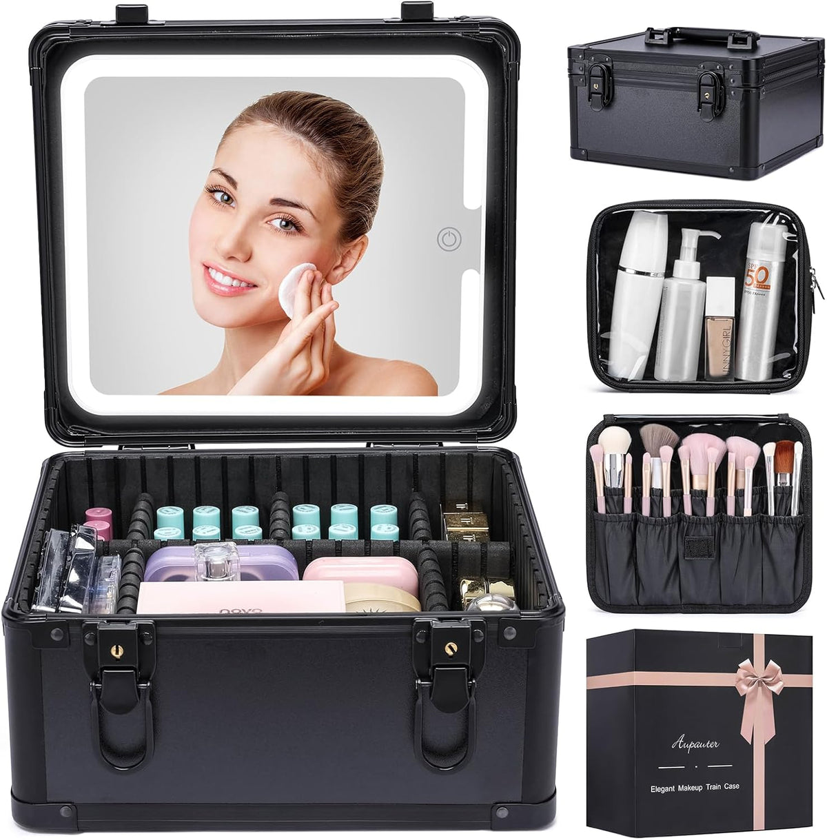 Makeup Box with Led Mirror,Travel Train Hard Case with Rechargeable Lighted Mirror Adjustable Dividers,Cosmetic Organizer Storage Bag for Makeup Artists,Appropriate Gift for Women and Girls,Black