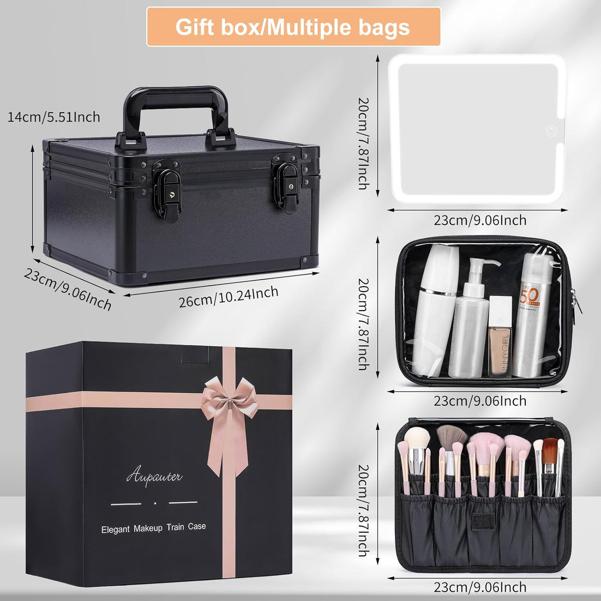 Makeup Box with Led Mirror,Travel Train Hard Case with Rechargeable Lighted Mirror Adjustable Dividers,Cosmetic Organizer Storage Bag for Makeup Artists,Appropriate Gift for Women and Girls,Black