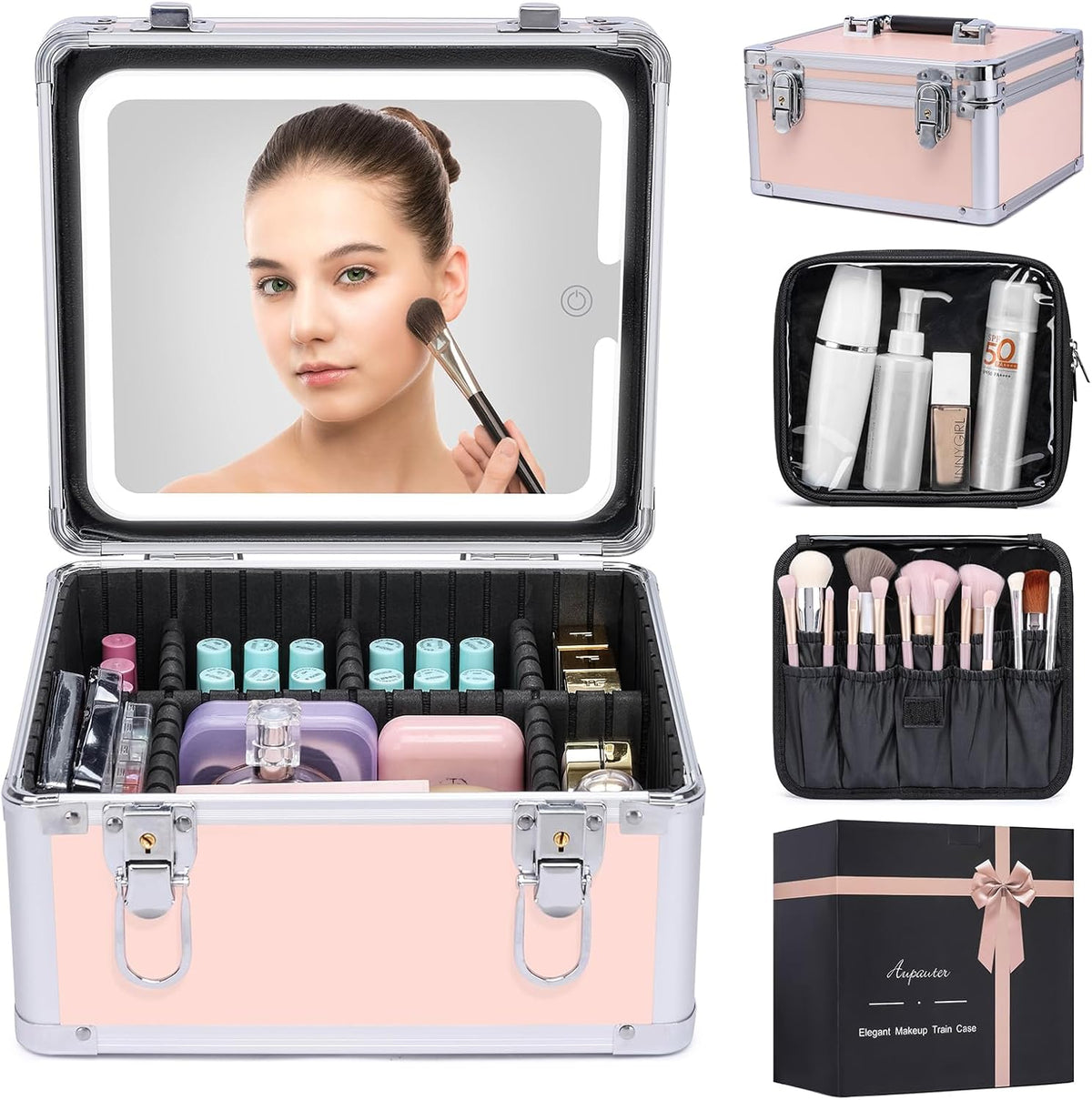 Makeup Box with Led Mirror,Travel Train Hard Case with Rechargeable Lighted Mirror Adjustable Dividers,Cosmetic Organizer Storage Bag for Makeup Artists,Appropriate Gift for Women and Girls,Black