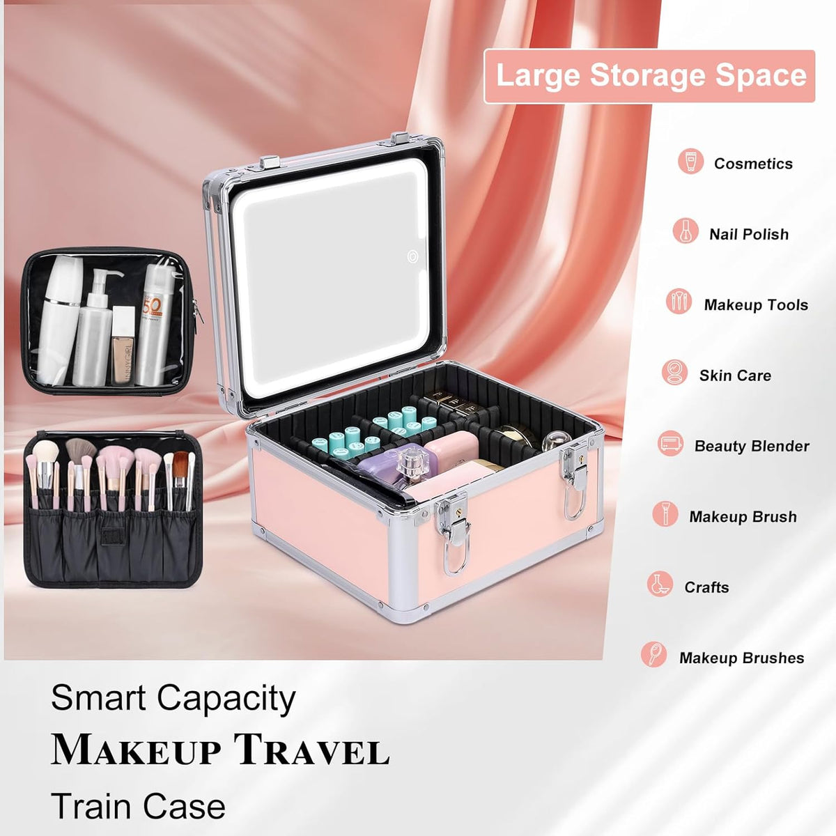 Makeup Box with Led Mirror,Travel Train Hard Case with Rechargeable Lighted Mirror Adjustable Dividers,Cosmetic Organizer Storage Bag for Makeup Artists,Appropriate Gift for Women and Girls,Black