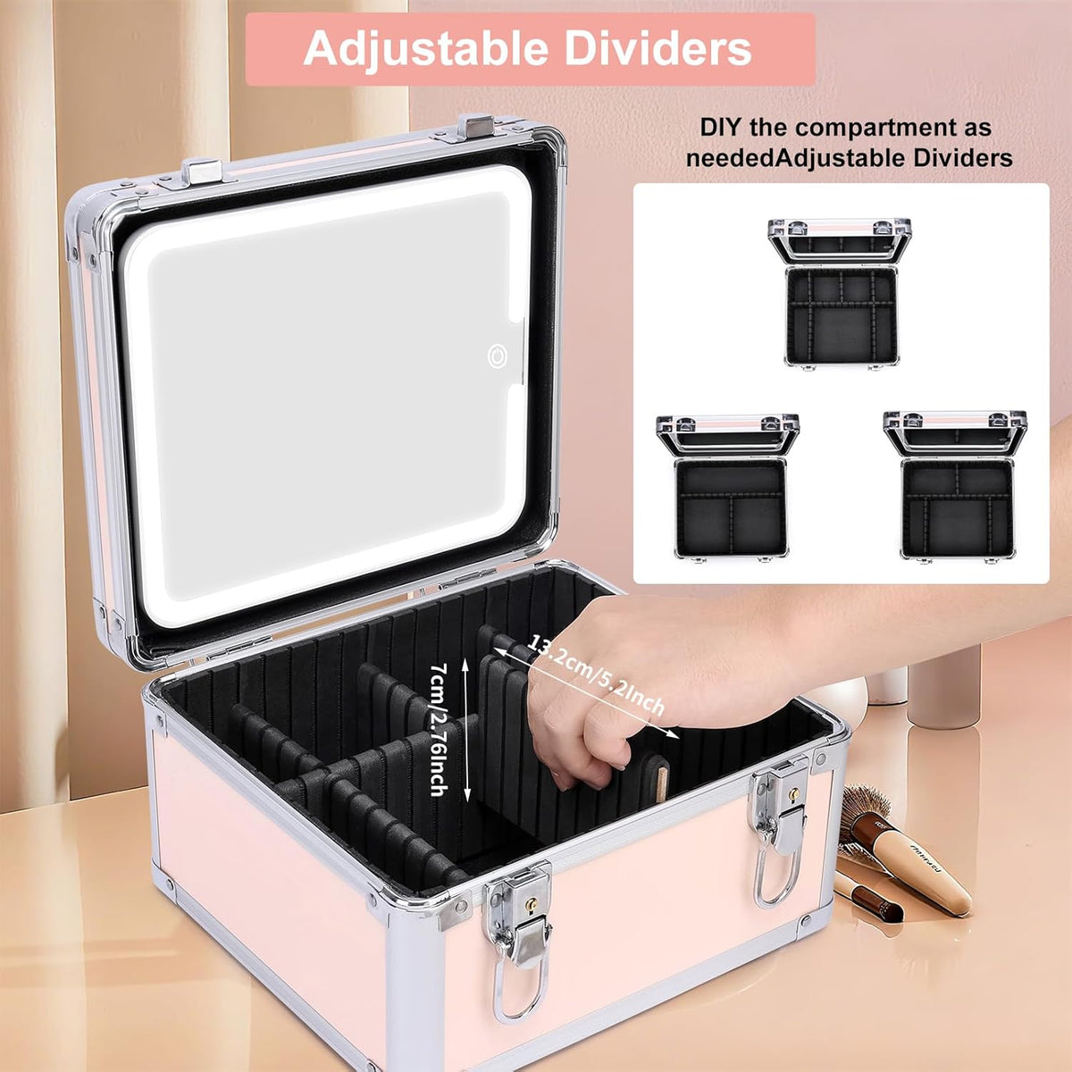 Makeup Box with Led Mirror,Travel Train Hard Case with Rechargeable Lighted Mirror Adjustable Dividers,Cosmetic Organizer Storage Bag for Makeup Artists,Appropriate Gift for Women and Girls,Black