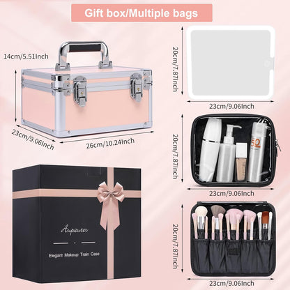 Makeup Box with Led Mirror,Travel Train Hard Case with Rechargeable Lighted Mirror Adjustable Dividers,Cosmetic Organizer Storage Bag for Makeup Artists,Appropriate Gift for Women and Girls,Black
