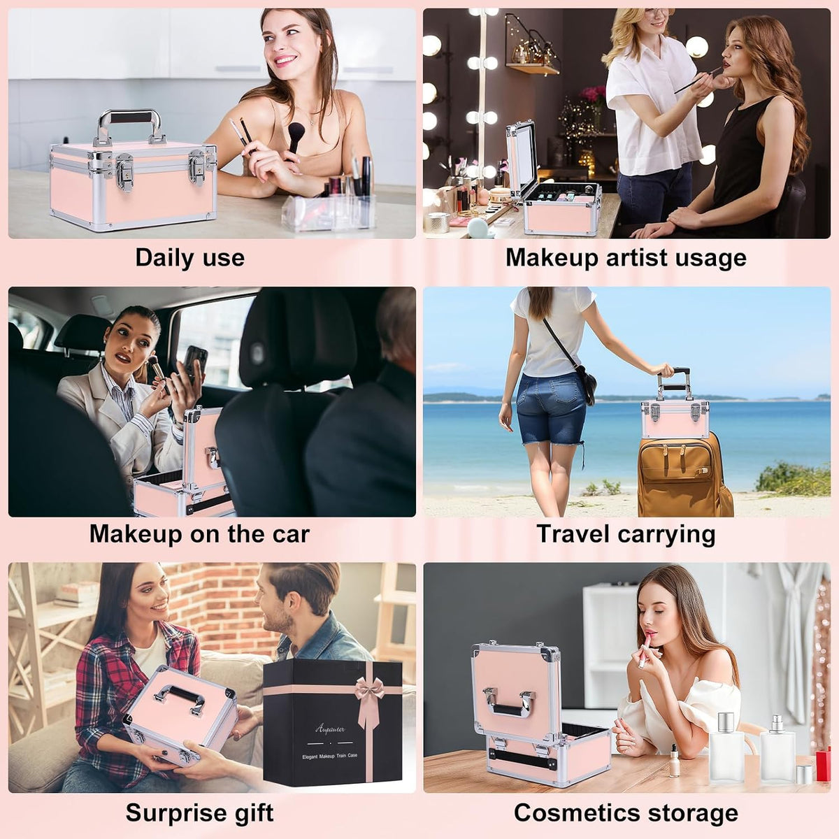 Makeup Box with Led Mirror,Travel Train Hard Case with Rechargeable Lighted Mirror Adjustable Dividers,Cosmetic Organizer Storage Bag for Makeup Artists,Appropriate Gift for Women and Girls,Black