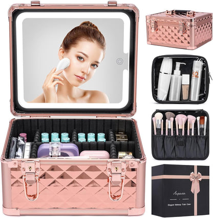 Makeup Box with Led Mirror,Travel Train Hard Case with Rechargeable Lighted Mirror Adjustable Dividers,Cosmetic Organizer Storage Bag for Makeup Artists,Appropriate Gift for Women and Girls,Black