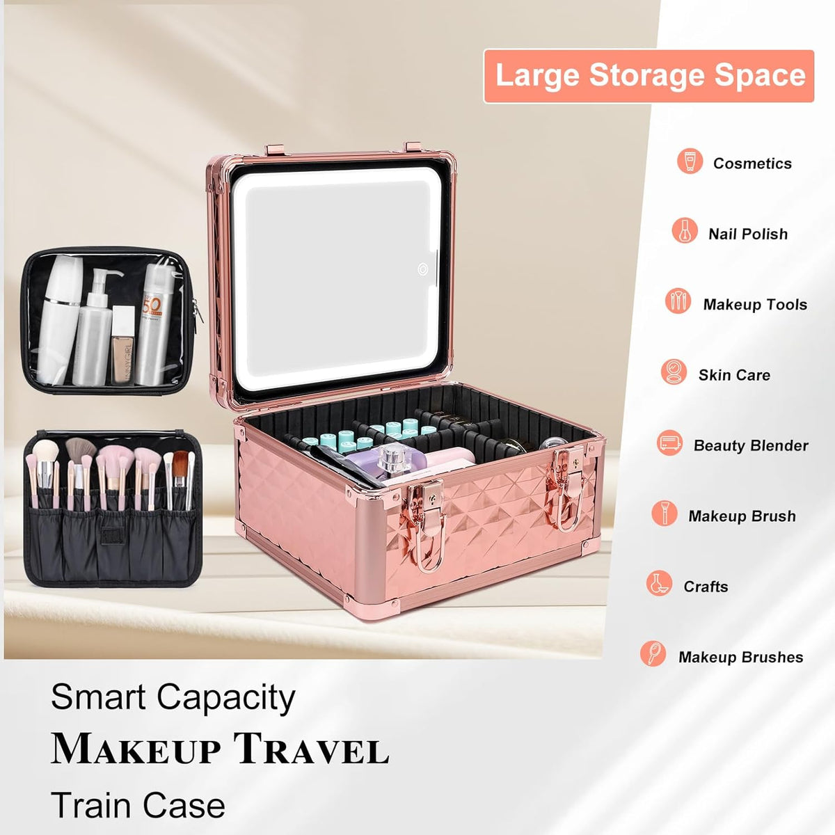 Makeup Box with Led Mirror,Travel Train Hard Case with Rechargeable Lighted Mirror Adjustable Dividers,Cosmetic Organizer Storage Bag for Makeup Artists,Appropriate Gift for Women and Girls,Black