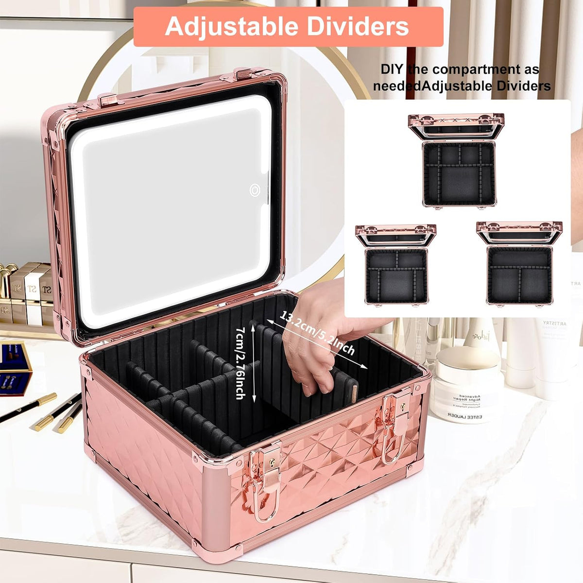 Makeup Box with Led Mirror,Travel Train Hard Case with Rechargeable Lighted Mirror Adjustable Dividers,Cosmetic Organizer Storage Bag for Makeup Artists,Appropriate Gift for Women and Girls,Black