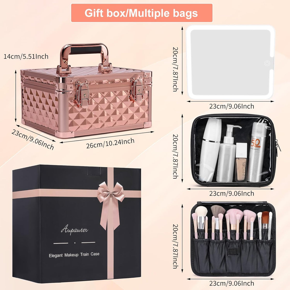 Makeup Box with Led Mirror,Travel Train Hard Case with Rechargeable Lighted Mirror Adjustable Dividers,Cosmetic Organizer Storage Bag for Makeup Artists,Appropriate Gift for Women and Girls,Black